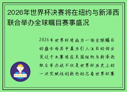 2026年世界杯决赛将在纽约与新泽西联合举办全球瞩目赛事盛况
